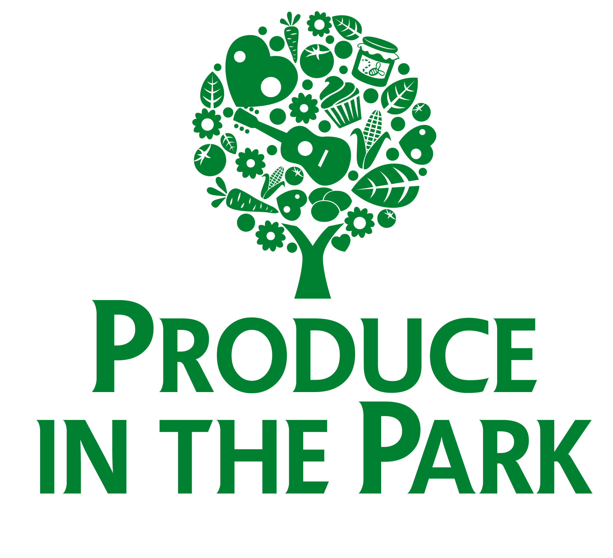 "Produce in the Park" text below a tree filled with images of produce, a guitar, baked goods, hearts, and more.